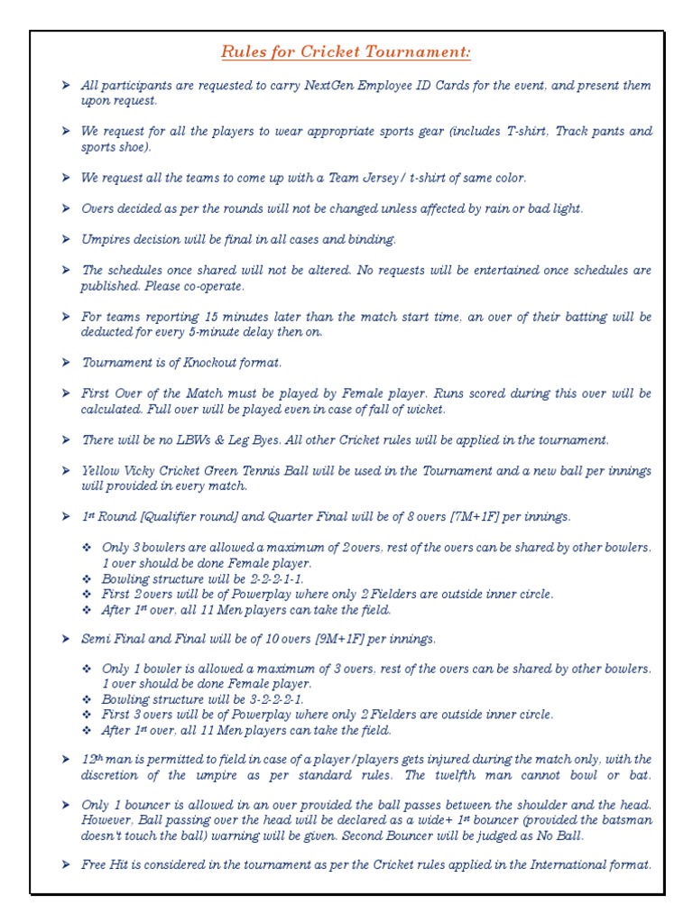 Rules For Cricket Tournament PDF Bowling (Cricket) Cricket