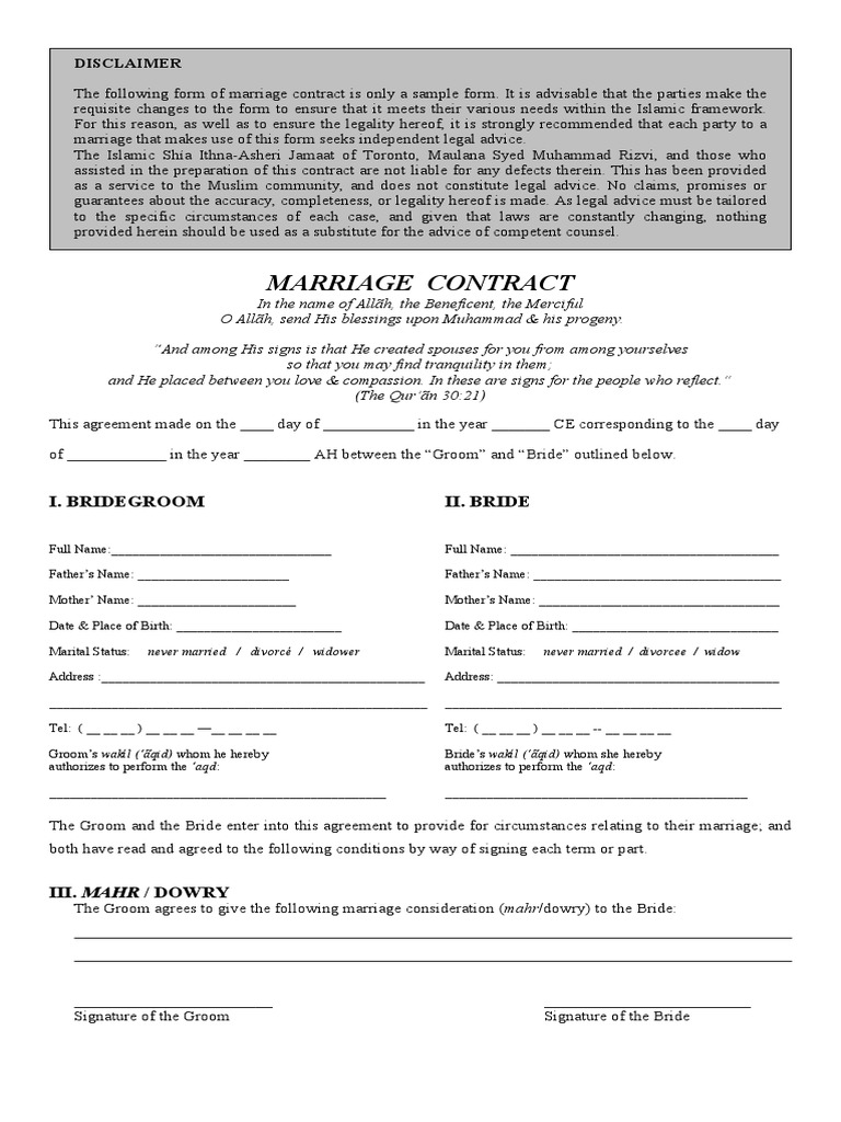 Sample Islamic Marriage Contract | PDF | Marriage | Wife