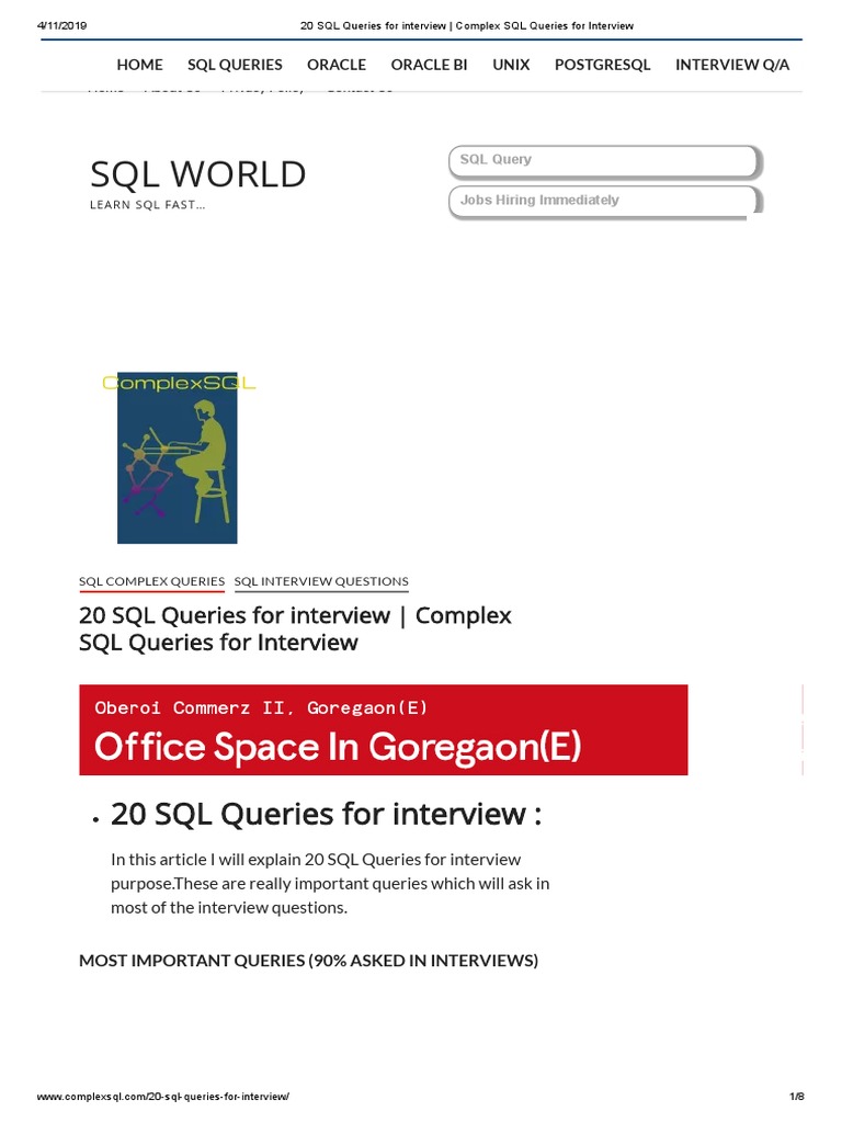 20 SQL Queries For Interview Complex SQL Queries For Interview PDF 20 sql queries for interview complex sql queries for interview pdf