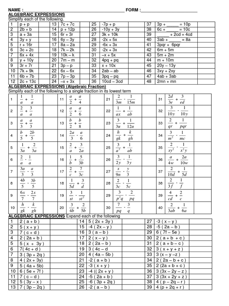 Latih Tubi Algebra Asas Pdf Algebra Elementary Mathematics