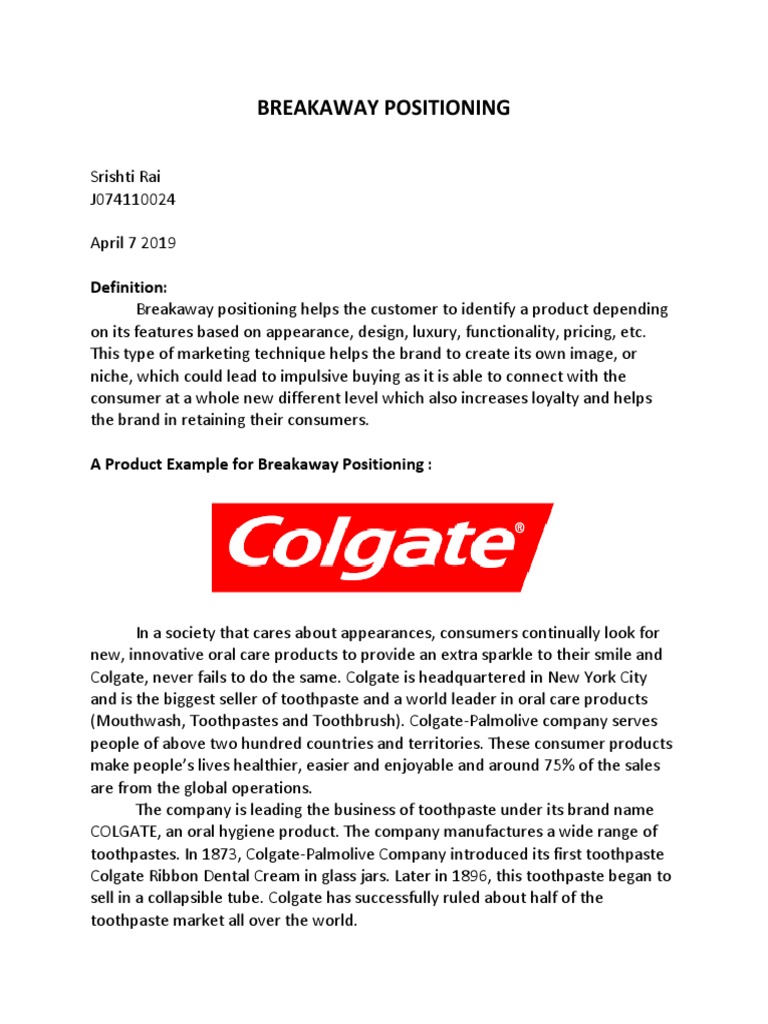 Colgate Breakaway Positioning PDF Oral Hygiene Business Economics
