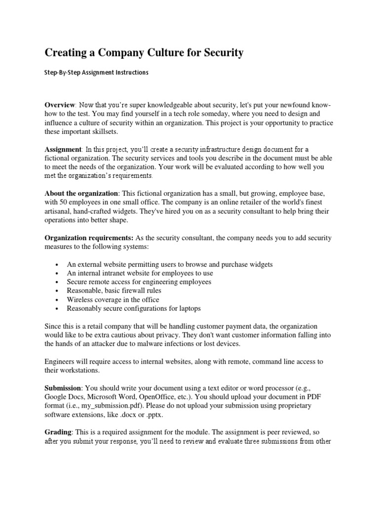 Creating A Company Culture For Security Design Document Security Infrastructure Design Document For A Fictional Organization