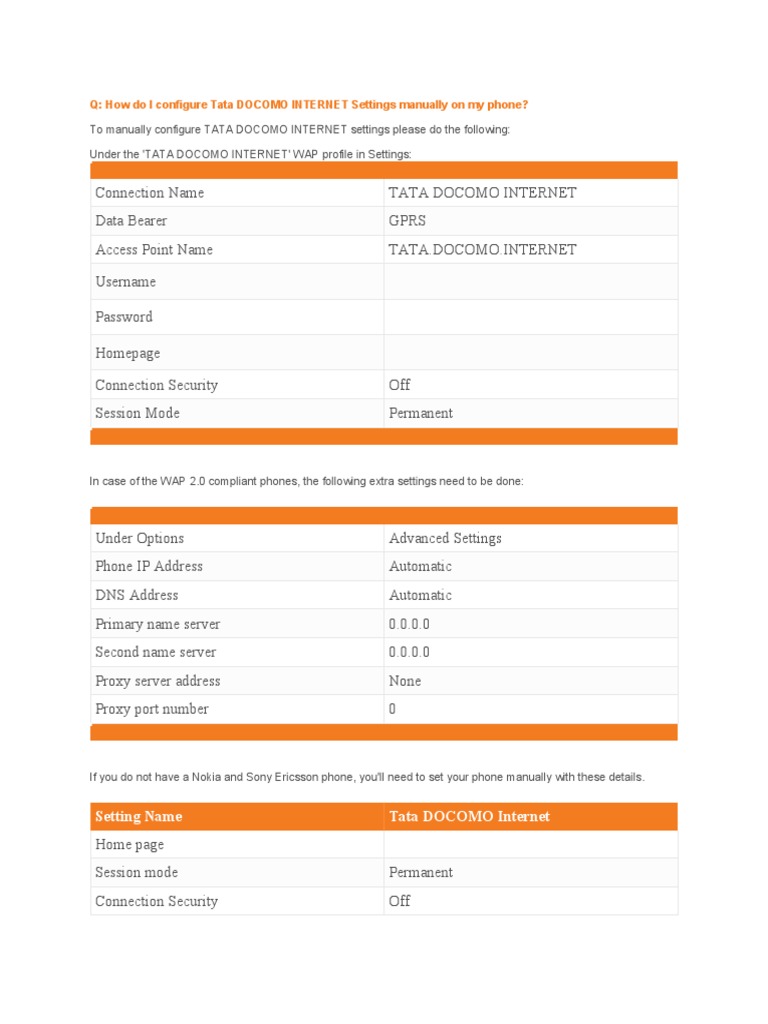 Tata DOCOMO Internet Setup Guide | PDF