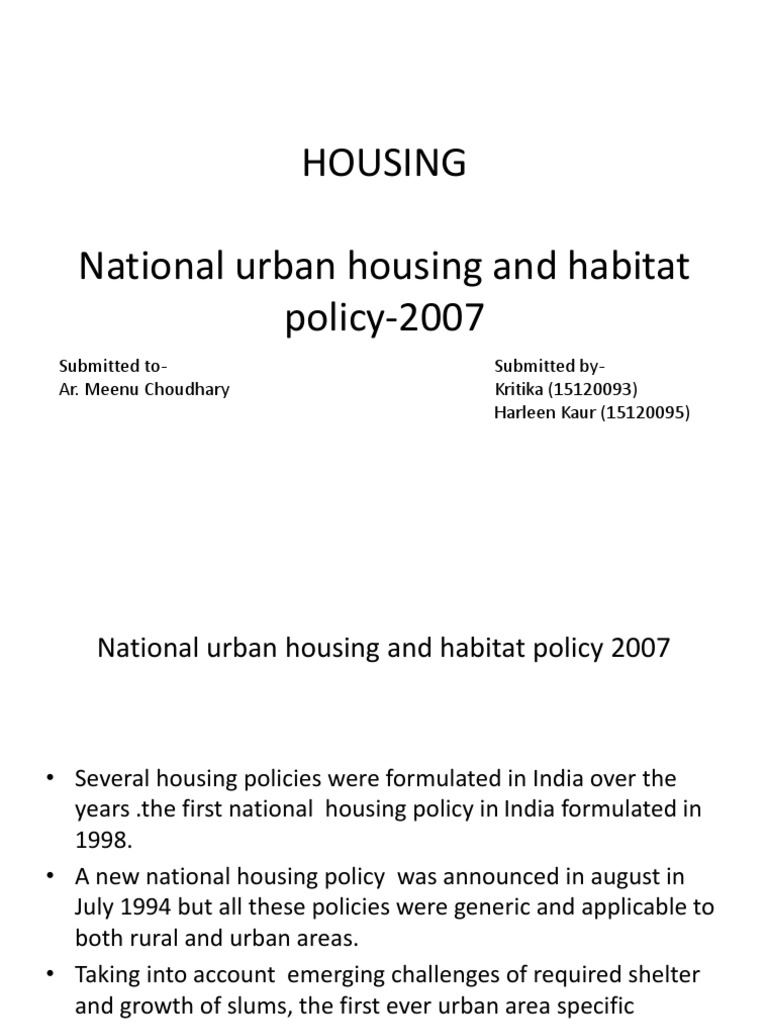Housing National Urban Housing and Habitat Policy-2007 | PDF