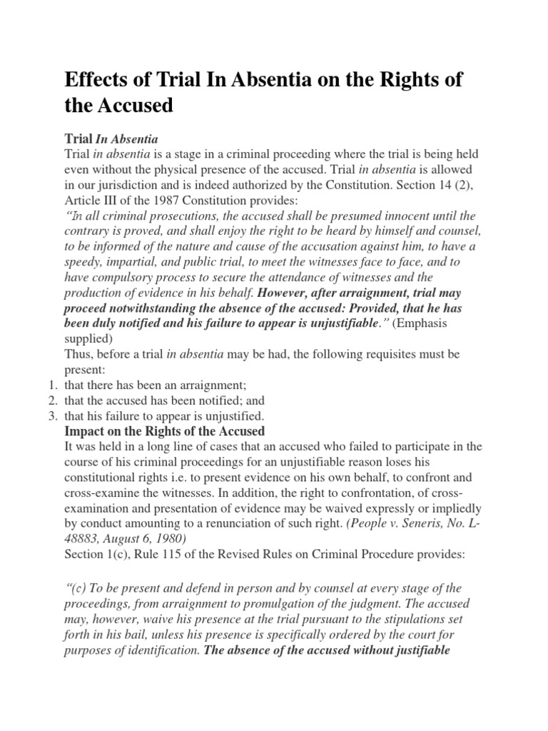 Effects of Trial in Absentia | PDF | Bail | Judgment (Law)