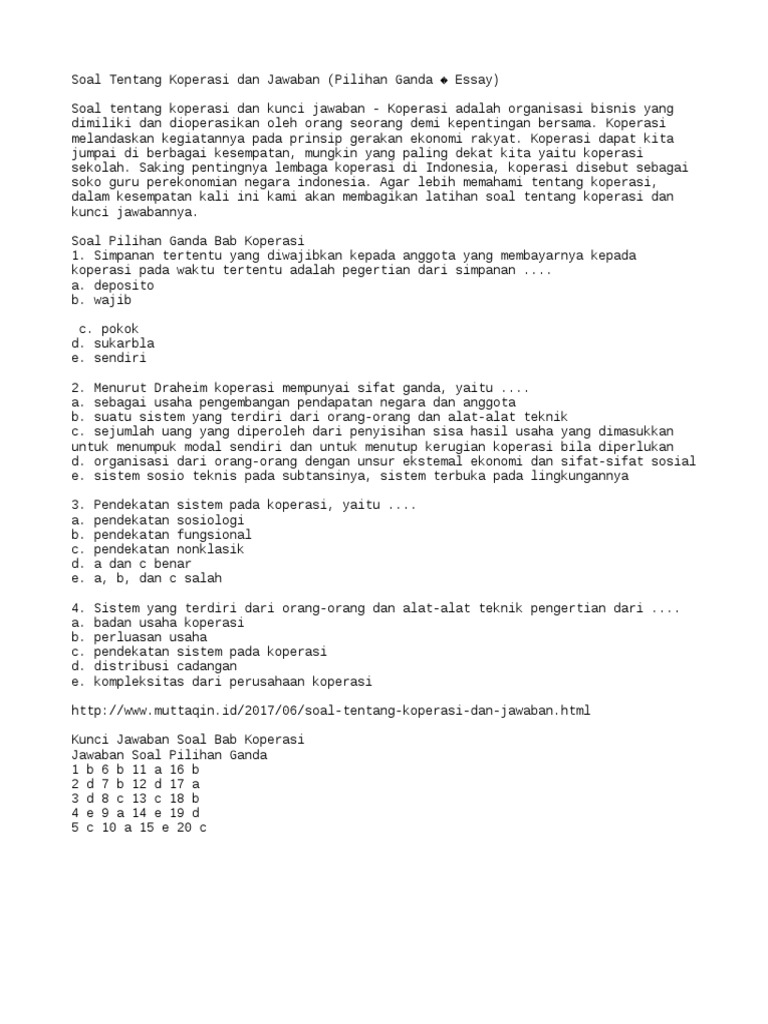 Soal Tentang Koperasi Dan Jawaban Pilihan Ganda Essay