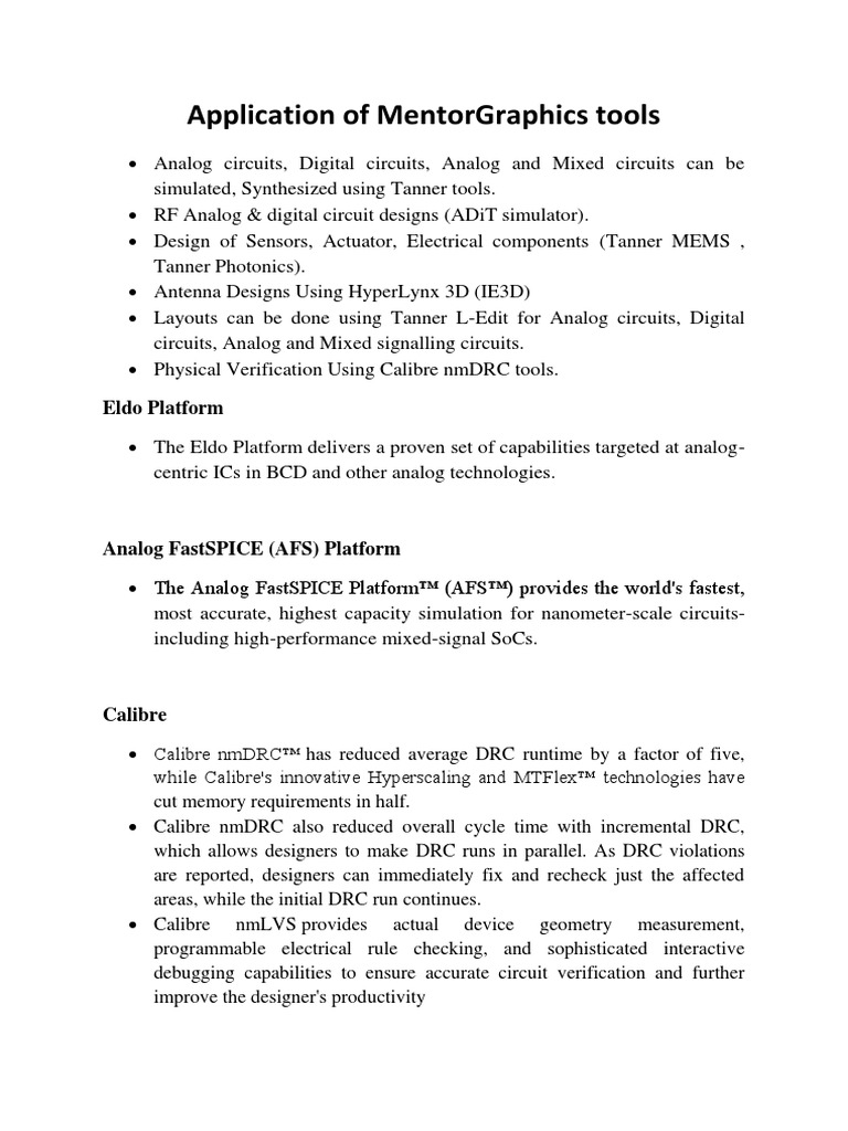 Application of Mentorgraphics Tools: Eldo Platform | PDF | Spice | Vhdl