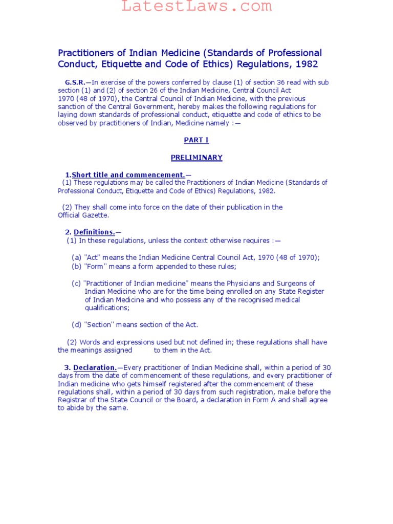 Practitioners of Indian Medicine (Standards of Professional Conduct, Etiquette and Code of