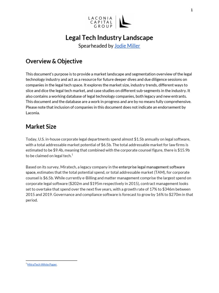 Laconia Capital Group Legal Tech Industry Landscape PDF Law Firm
