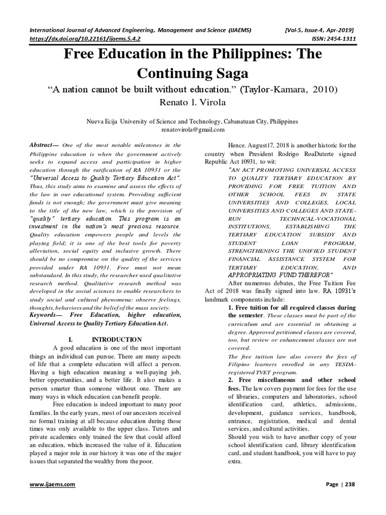 WHEN WAS FREE EDUCATION INTRODUCED IN PHILIPPINES intelligence overview