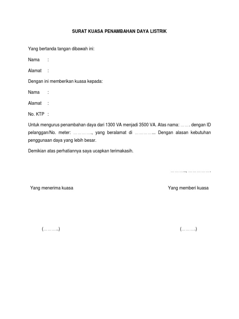 Surat Kuasa Penambahan Daya Listrik