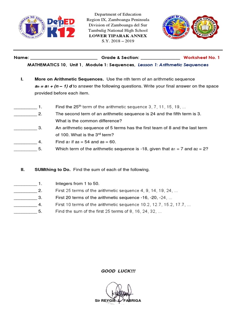 Grade 10 Arithmetic Sequences Worksheet | PDF