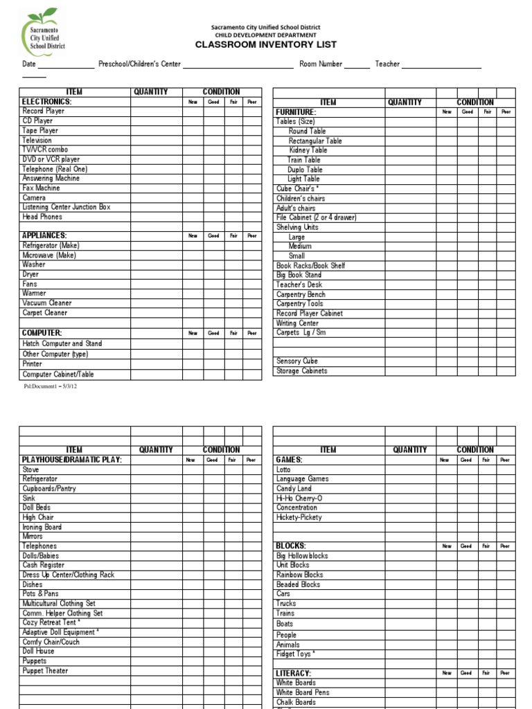 Classroom Inventory List: Item Quantity Condition Electronics: Item ...