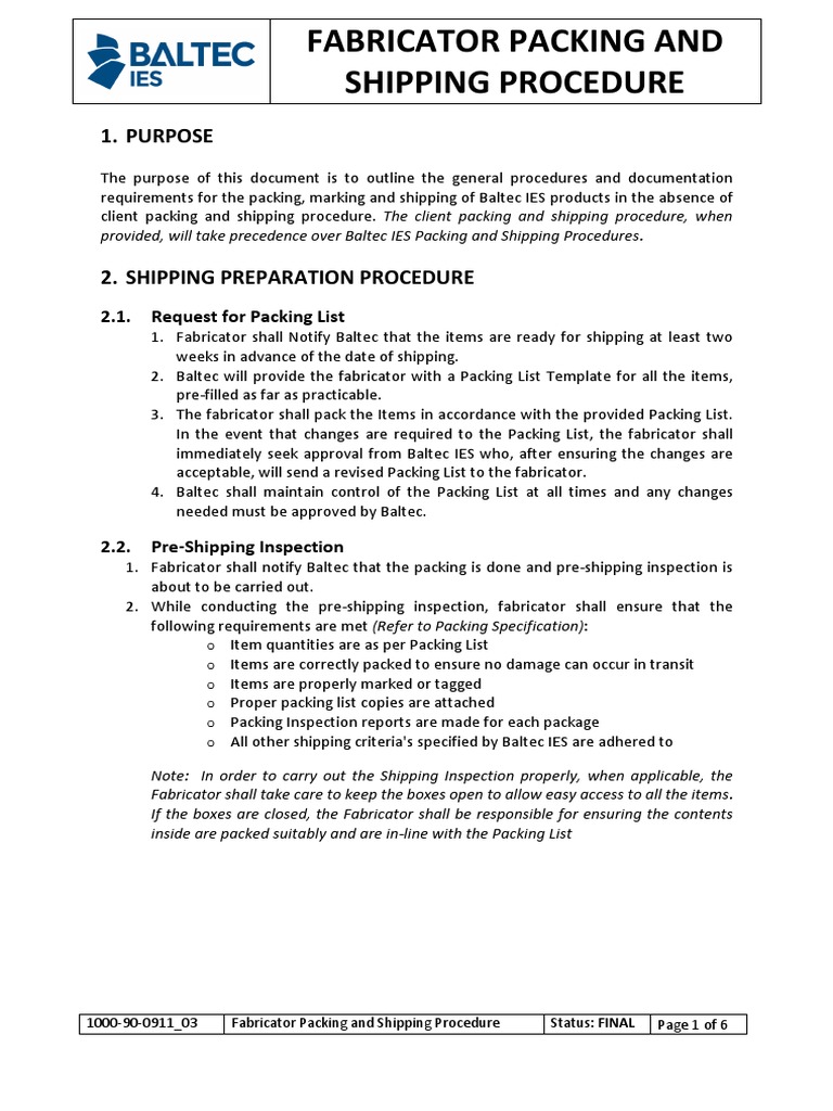 1000900911 03 Fabricator Packing and Shipping Procedure PDF