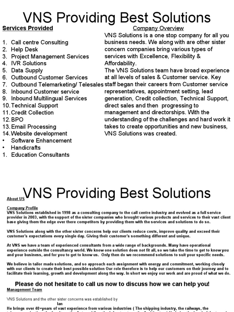 VNS Providing Best Solutions: Services Provided | PDF | Call Centre ...