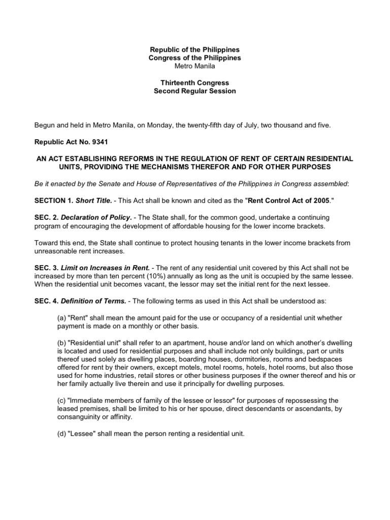 Rent Control Act Lease Civil Law Law)