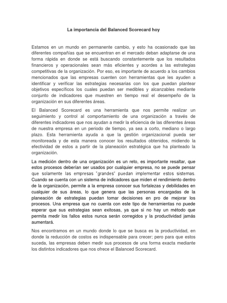Importancia del Balanced Scorecard hoy | PDF | Planificación | Economias