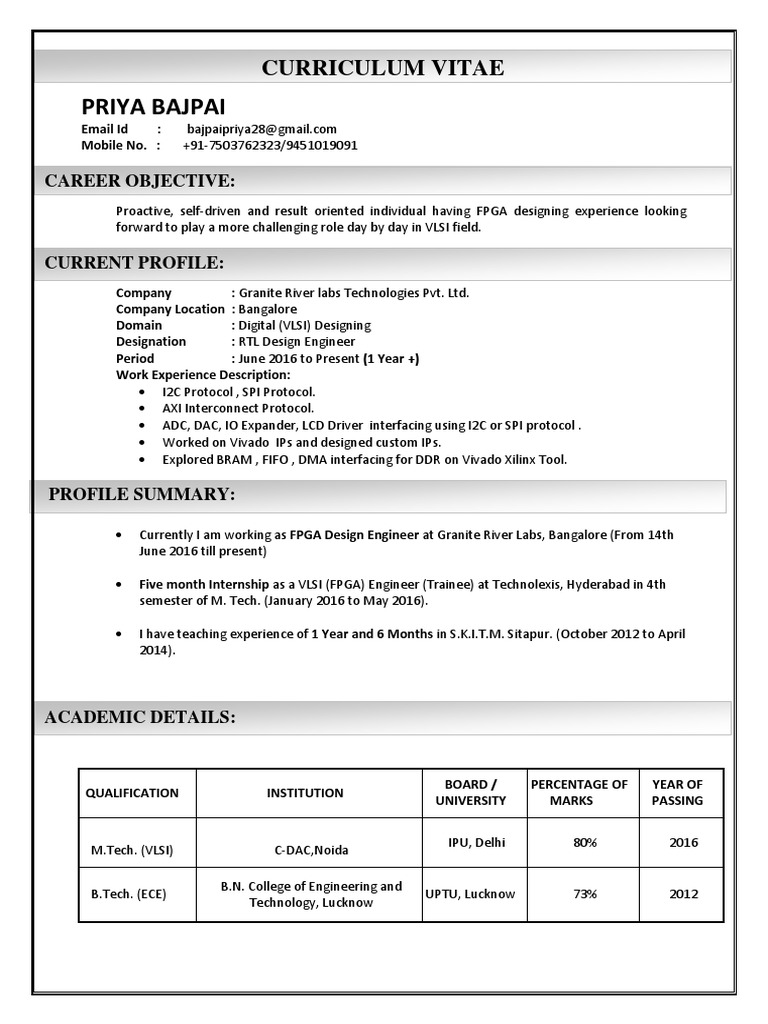 Priya Bajpai CV | PDF | Field Programmable Gate Array | Digital Electronics