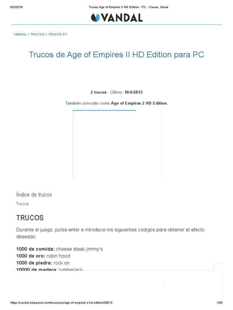 Trucos Age of Empires II HD Edition PC Claves, Guías PDF Agitación