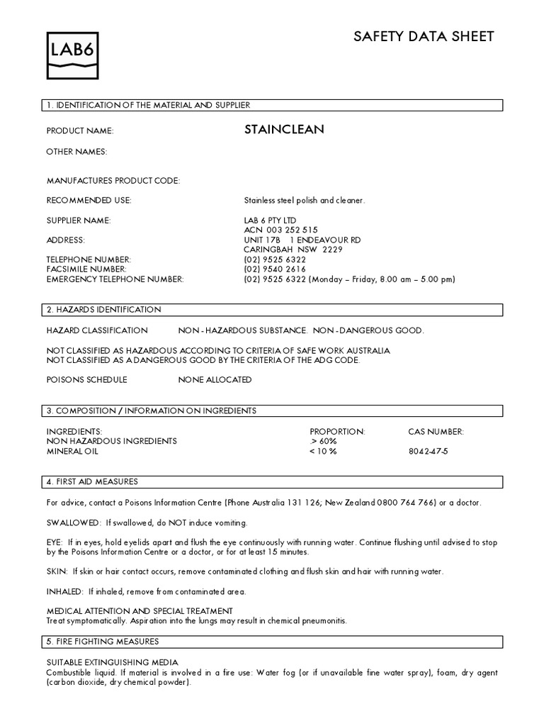 Safety Data Sheet: Stainclean | PDF | Personal Protective Equipment ...