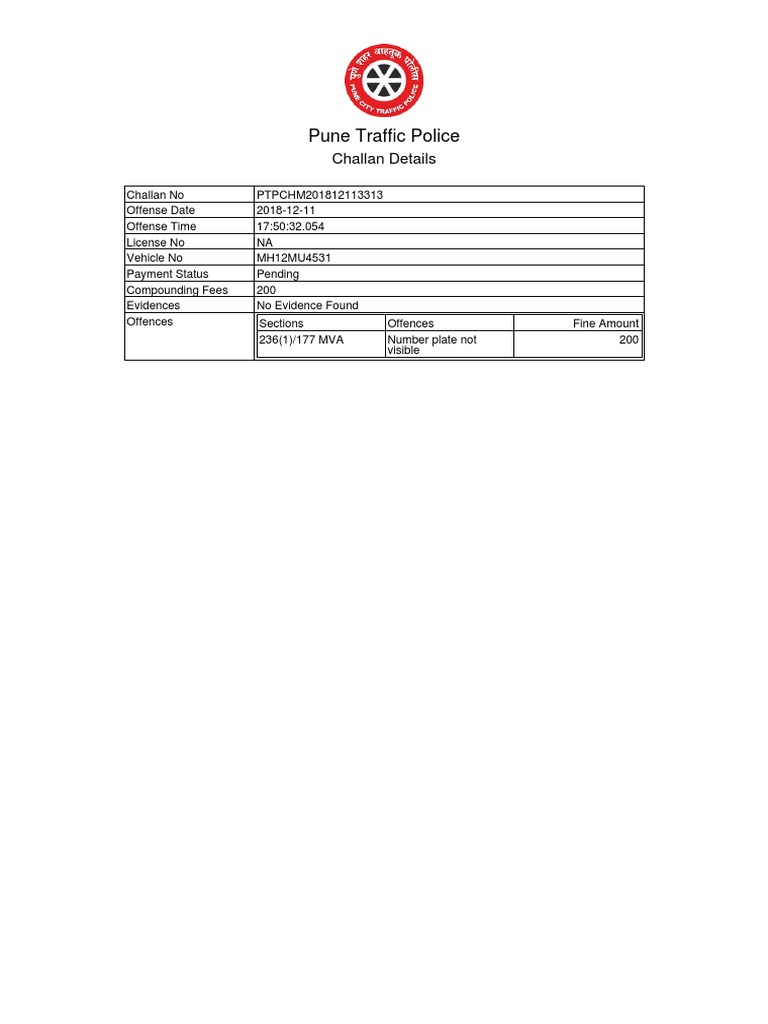 Pune Traffic Police Challan Details PDF Road Transport Transport