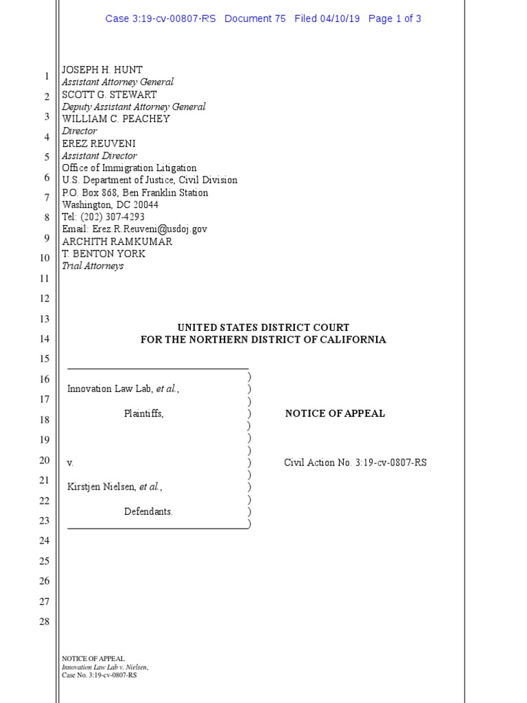 Appeal Notice: Innovation Law Lab v. Nielsen | PDF | Cm/Ecf | United ...