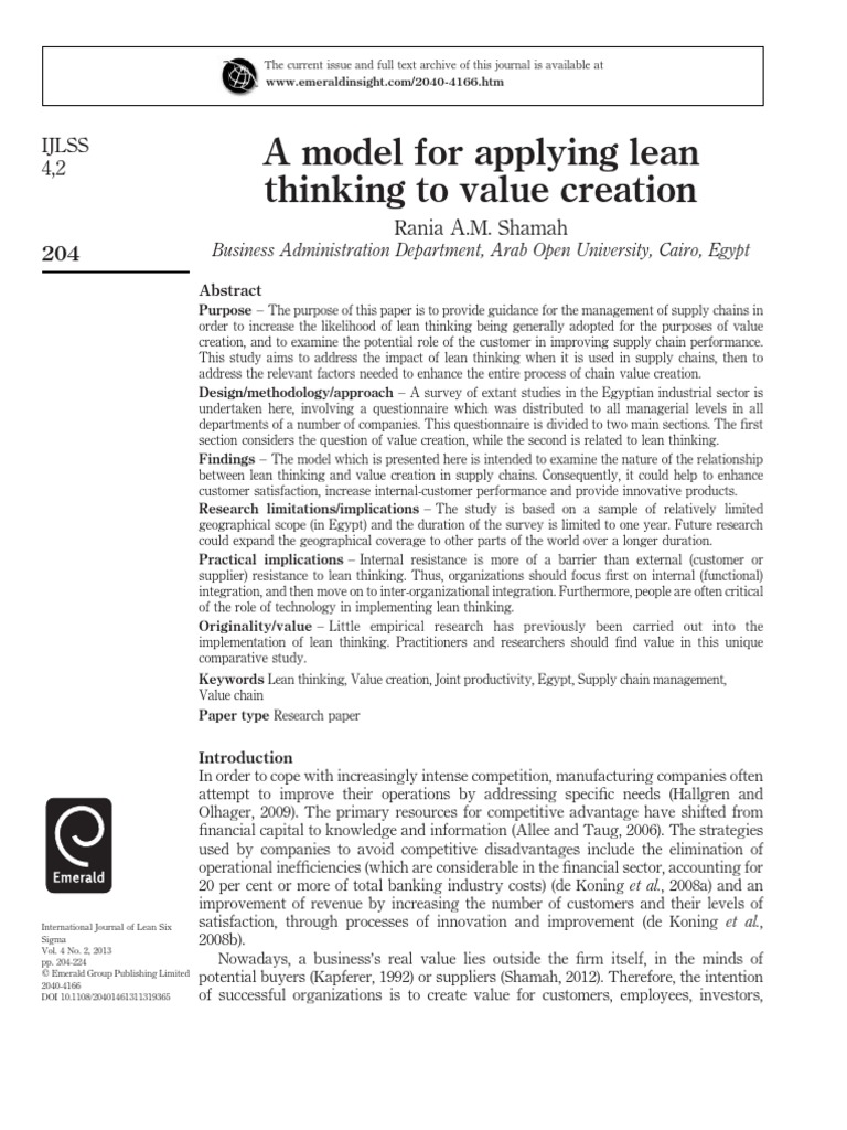 A Model For Applying Lean Thinking | PDF | Lean Manufacturing ...