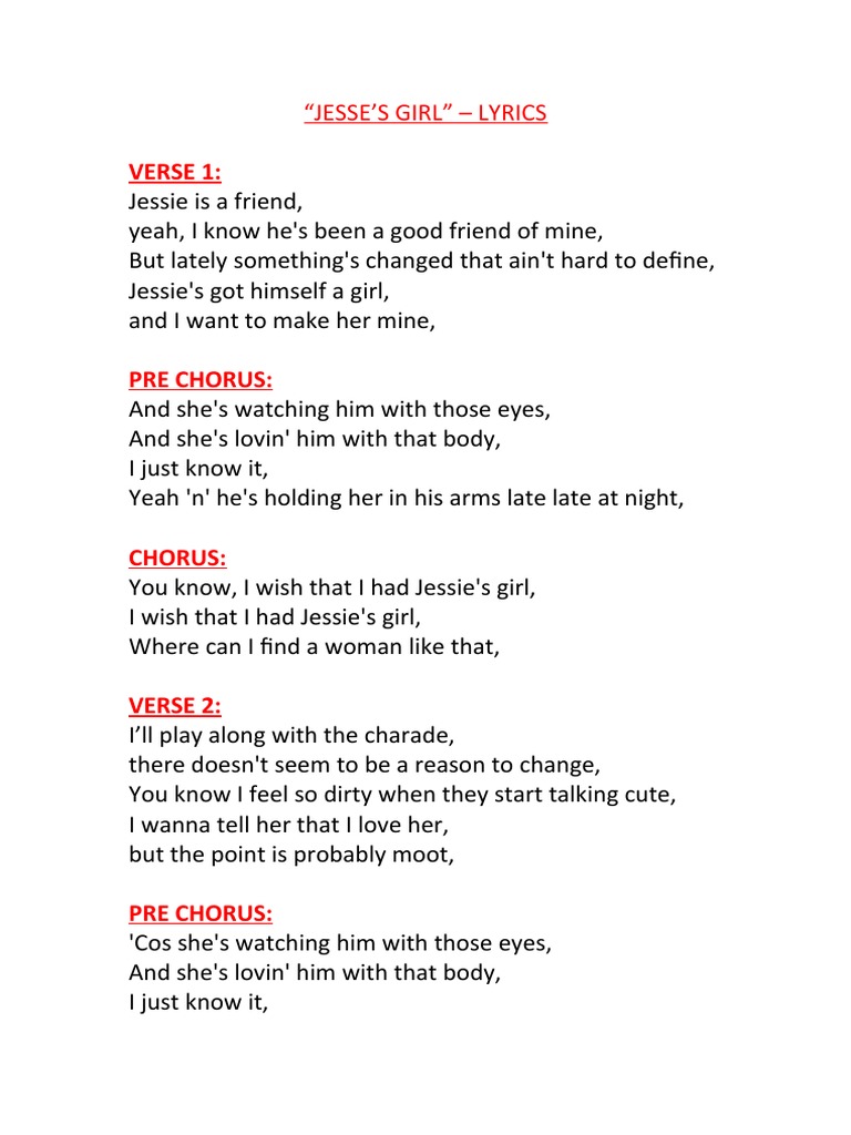 Jesse's Girl - Lyrics | PDF, image size:768x1024