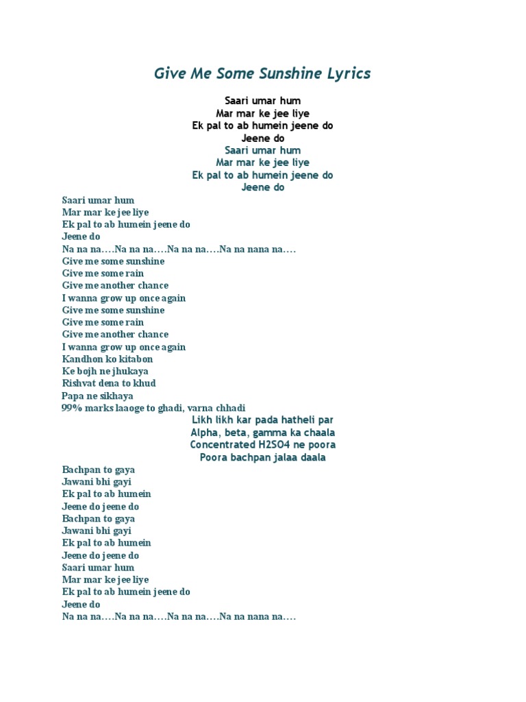 Give Me Some Sunshine LYRICS (Hindi and En - SafeShare