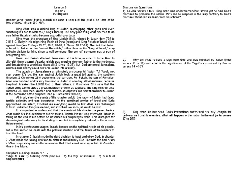 Lesson 6 isaiah 7 discussion questions lord our god psalm 20 7 niv