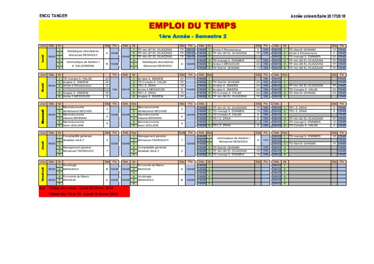 Emploi Du Temps 1ere Annee S2 17 1 Pdf