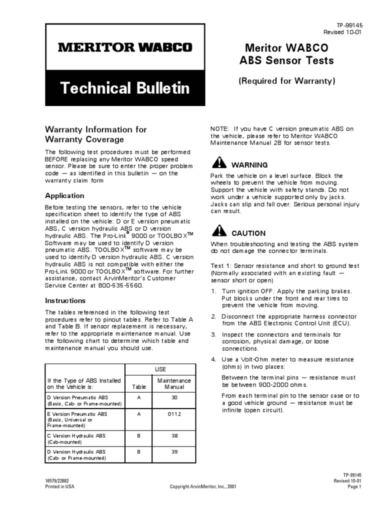 Technical Bulletin Meritor WABCO ABS Sensor Tests PDF Anti Lock