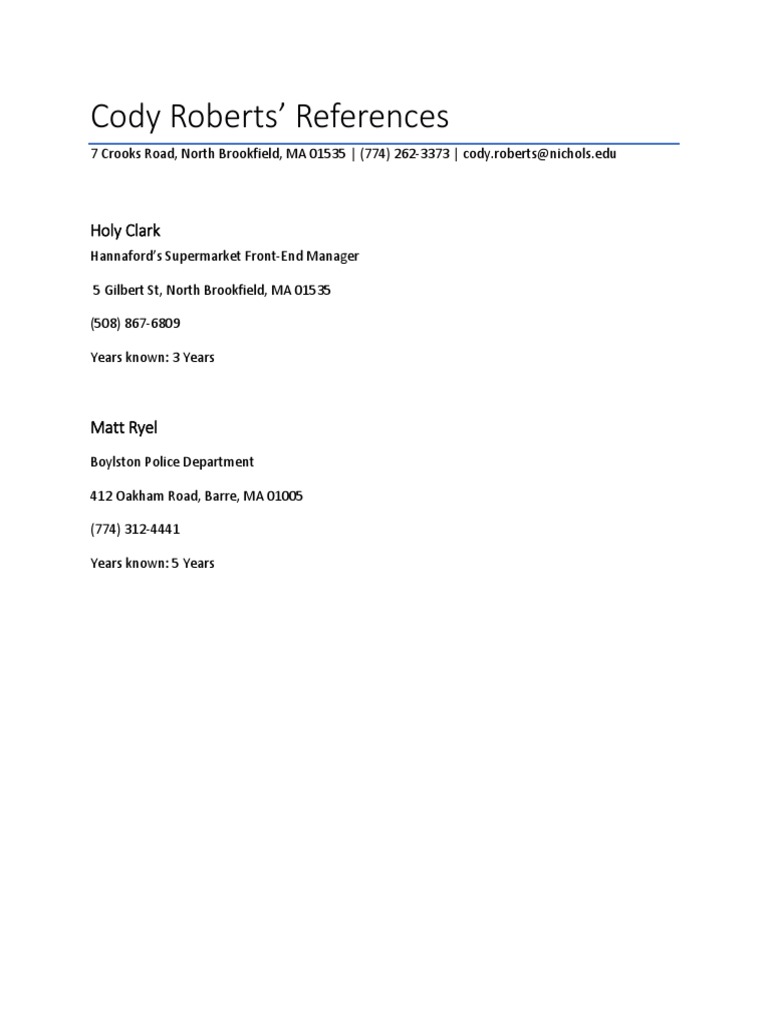 Cody Roberts' Professional References | PDF | Sports & Recreation
