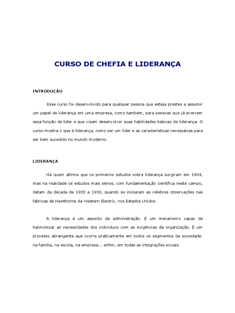 Curso de Chefia e Liderança PDF | PDF | Liderança | Motivação