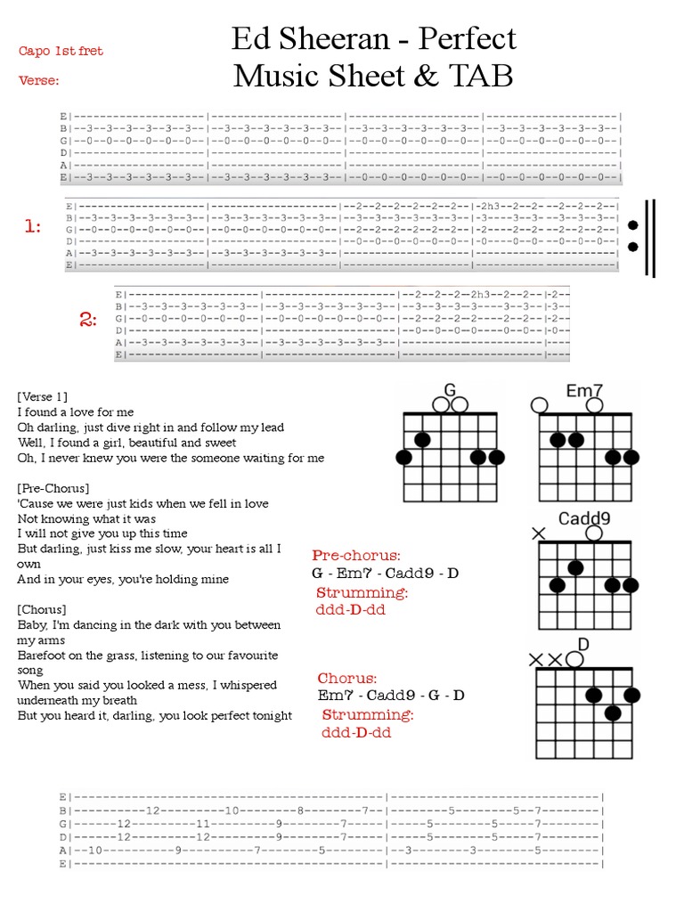 Ed Sheeran - Perfect Guitar Tabs | PDF | Song Structure | Song Recordings