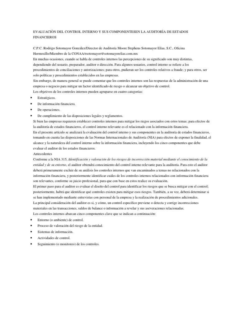Evaluación Del Control Interno | PDF | Contabilidad | Contralor