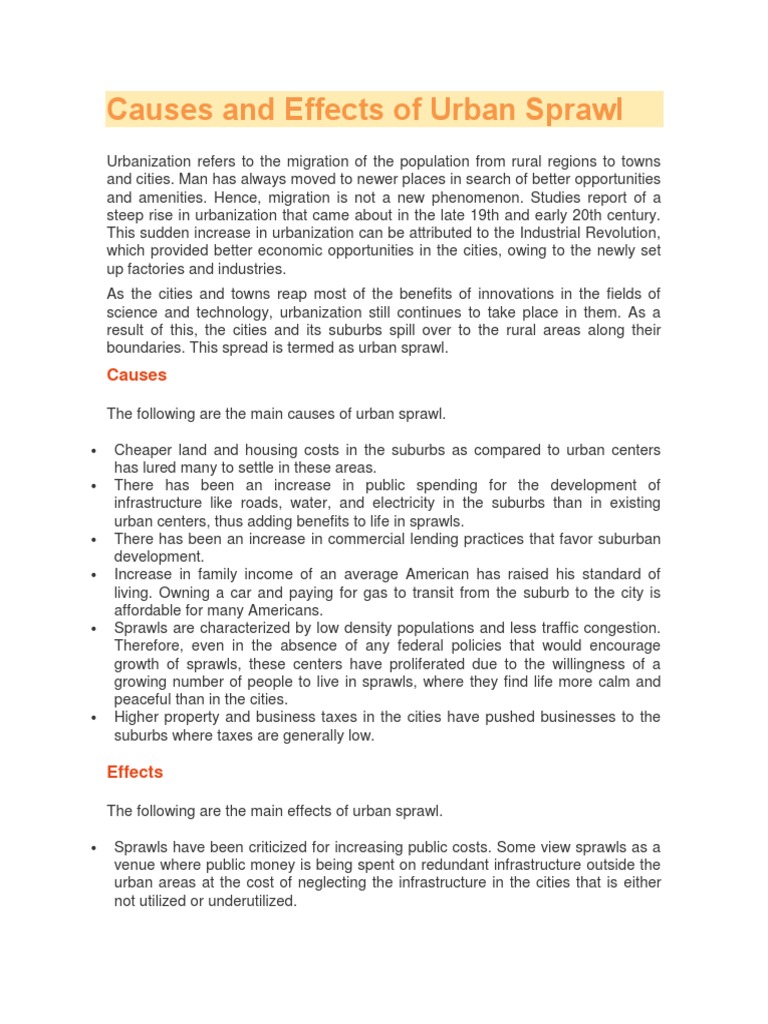 Causes and Effects of Urban Sprawl | PDF | Urban Sprawl | Suburb