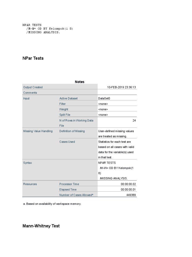Npar Tests: Npar Tests /M-W Od by Kelompok (1 8) /missing Analysis | PDF