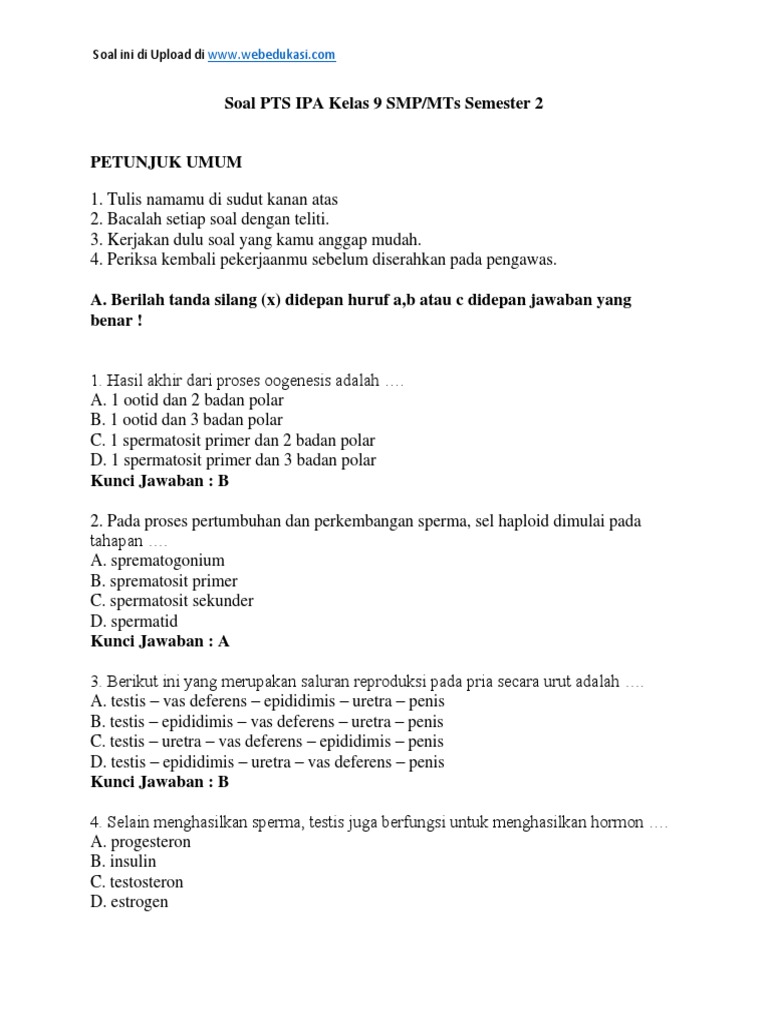 Soal Pts Ipa Kelas 9 Smp Mts Semester 2 Soal Ini Di Upload Di
