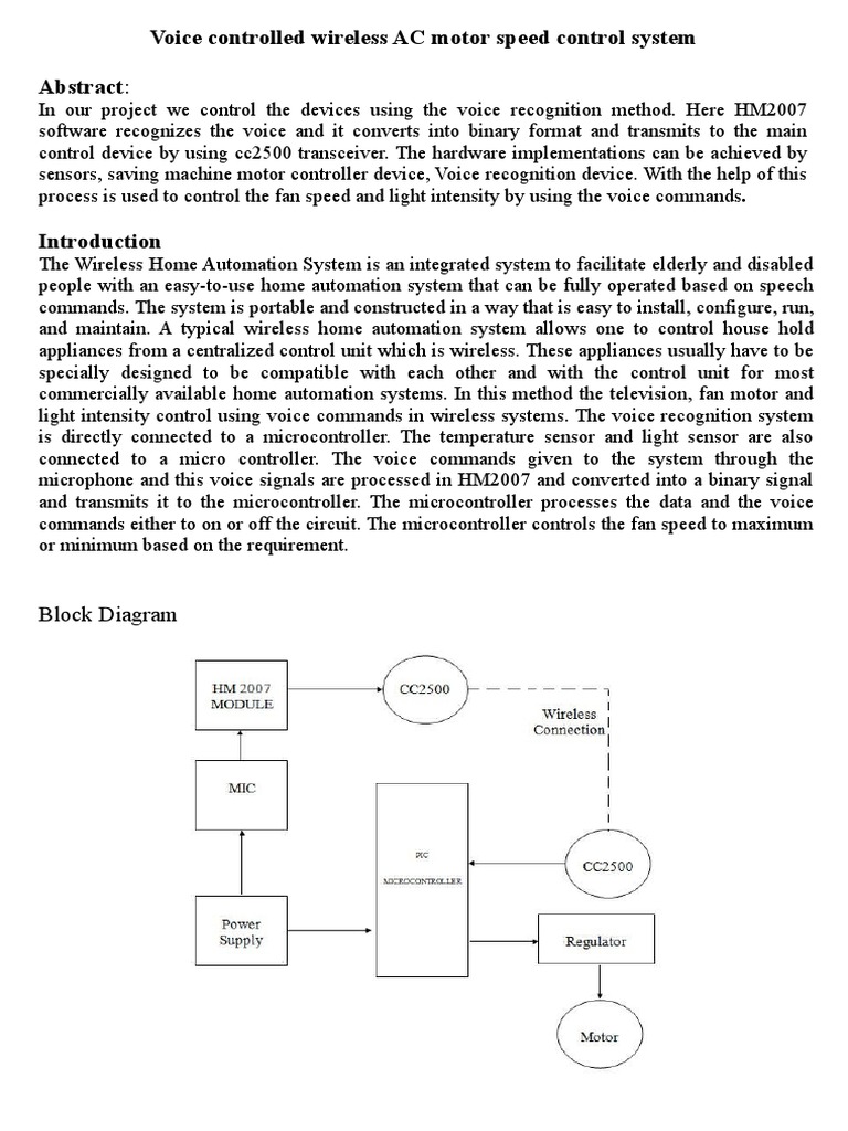 Voice Controlled Wireless AC Motor Speed Control System Abstract PDF
