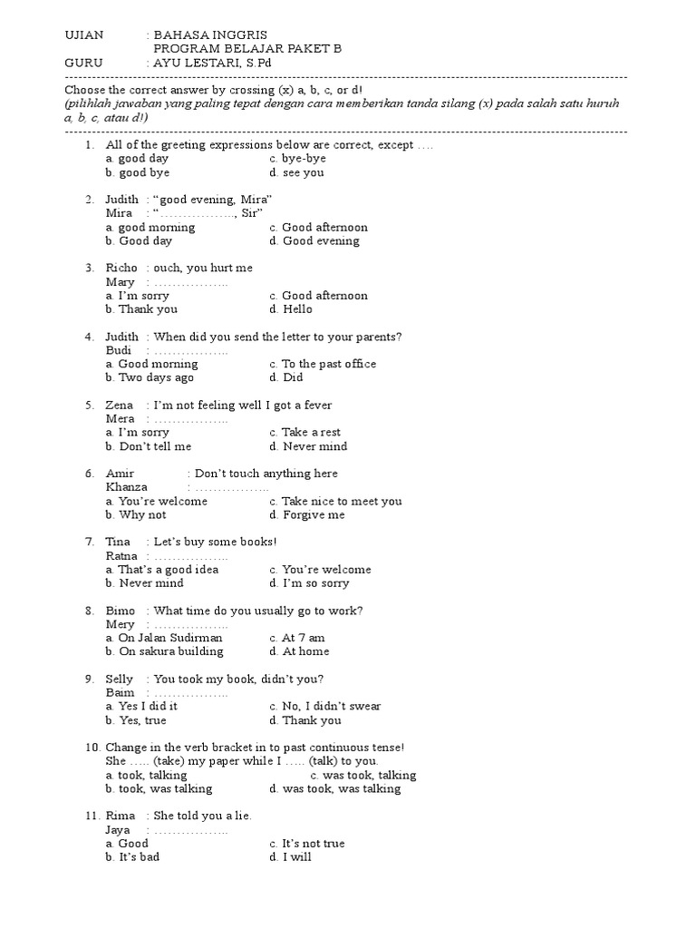 Ayu Lestari Soal Ujian Paket B Bahasa Inggris Language Mechanics Grammar