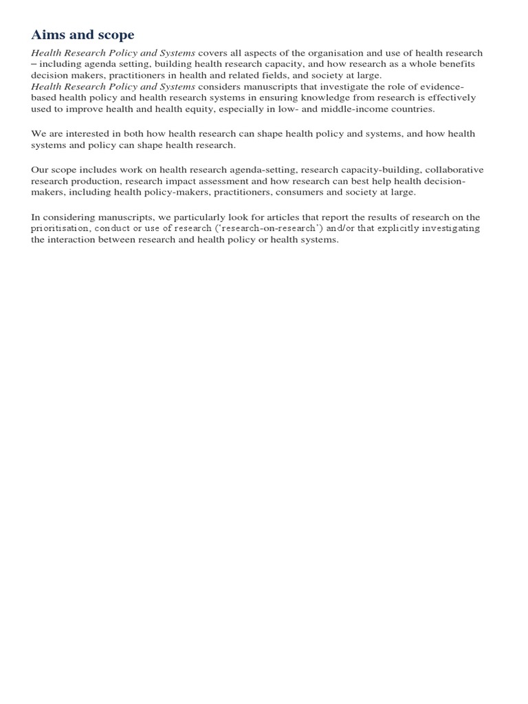 Aims and Scope Health Research Policy and Systems Covers All Aspects
