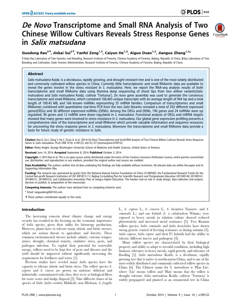 De Novo Transcriptome and Small RNA Analysis of Two Chinese Willow ...
