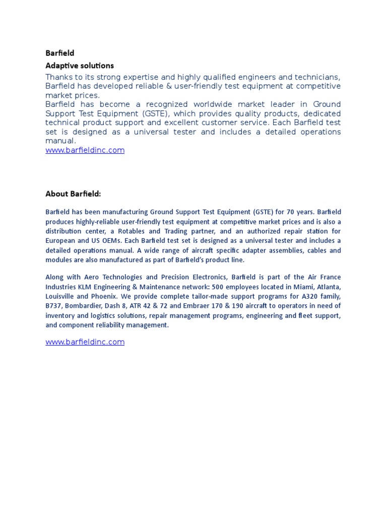 Barfield: Ground Support Test Equipment | PDF