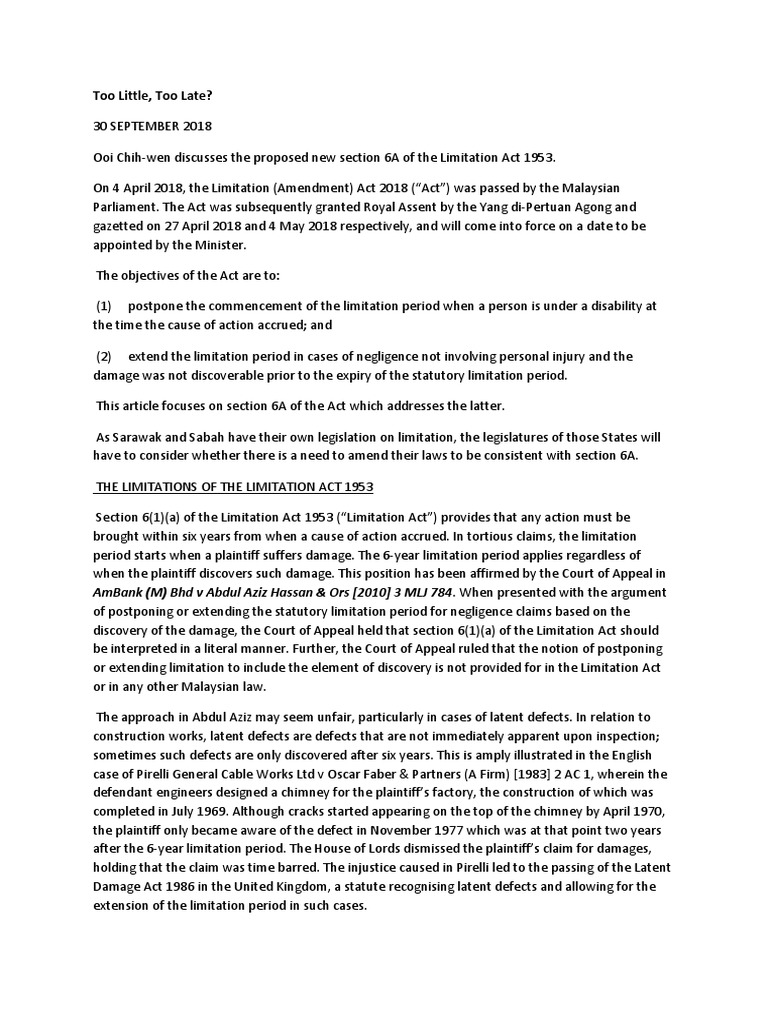 Limitation Act Amendment 2018 PDF Negligence Statute Of Limitations