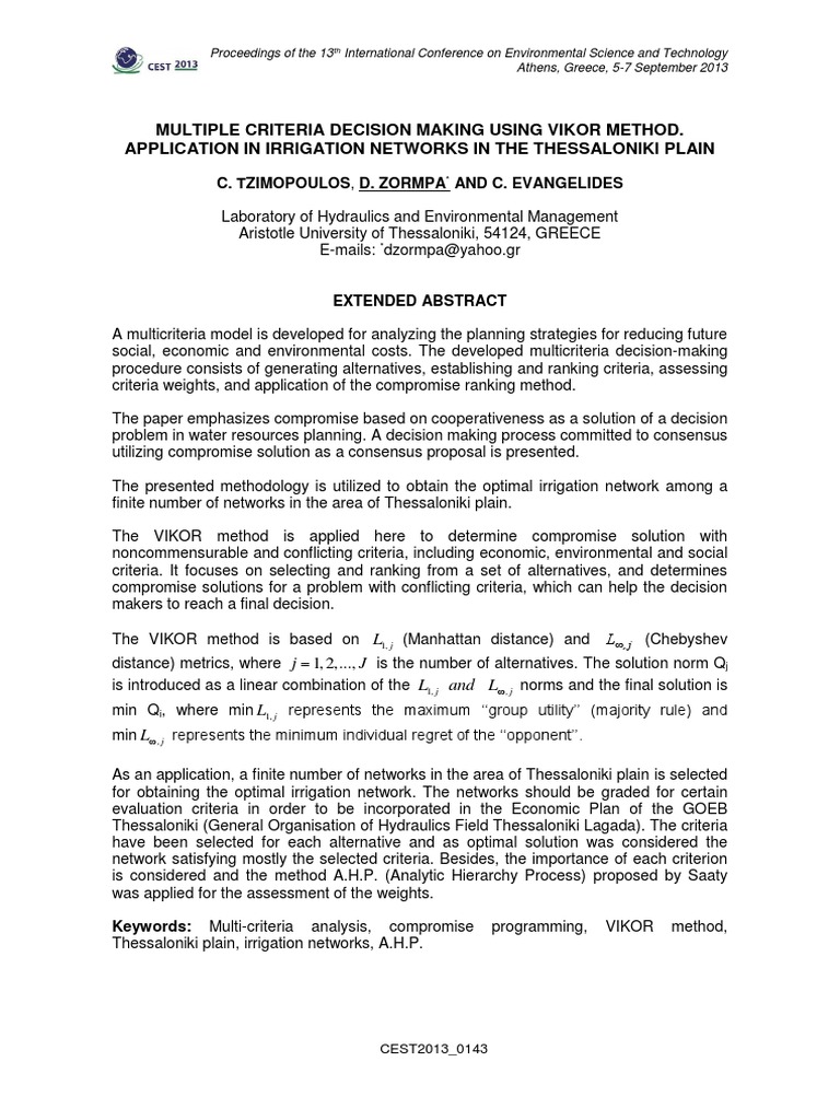 VIKOR Method for Irrigation Network Optimization | PDF | Decision ...