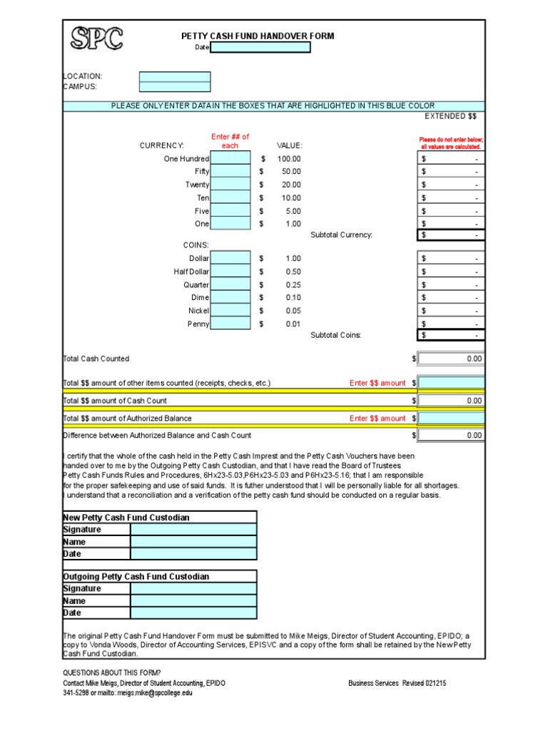 Petty Cash Hand Over Form | Cash | Coins | Free 30-day Trial | Scribd