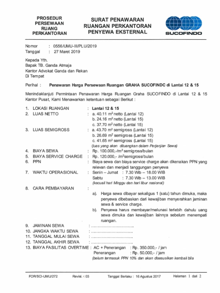 Surat Penawaran Harga Persewaan Ruang Graha Sucofindo Pdf