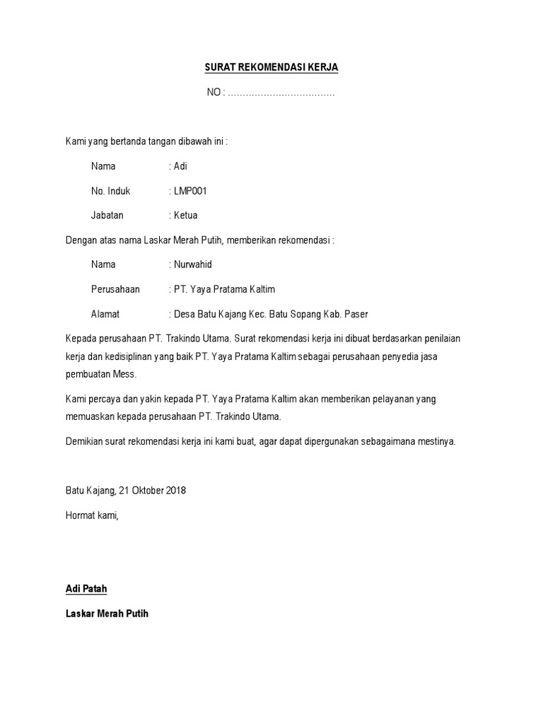 Surat Rekomendasi Kerja