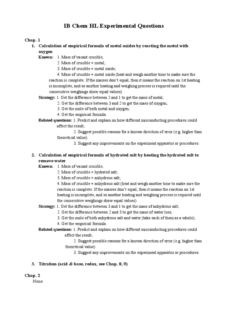 IB Chem HL Experimental Questions Summary PDF Titration Chemistry